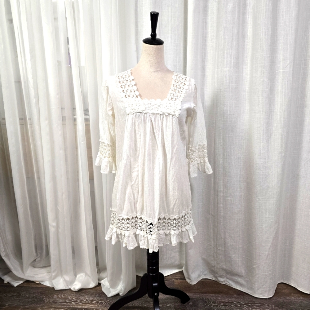 2/$30 White Cotton‎ Tunic Lace Trim Womens Size S Cottage Boho Lagenlook Prairie